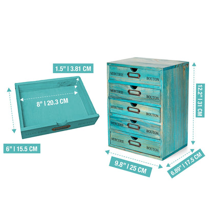 5 Drawer Wooden Desktop Organizer Cabinet – Vintage Teal Apothecary Storage with Label Holders for Office, Crafts & Jewelry