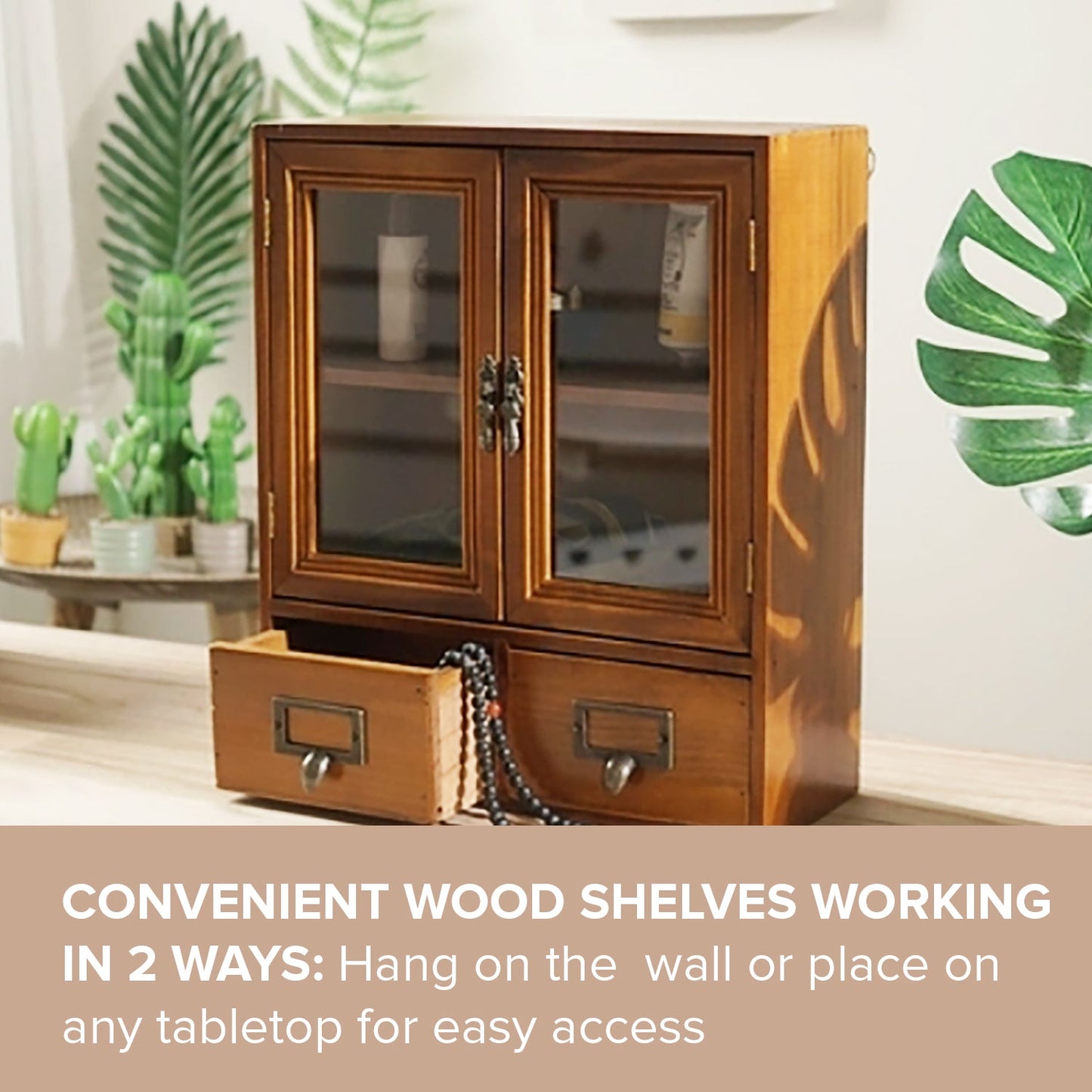 Wall-Mount Glass Door Wooden Storage Cabinet with Drawers – Vintage Display & Organizer Shelf
