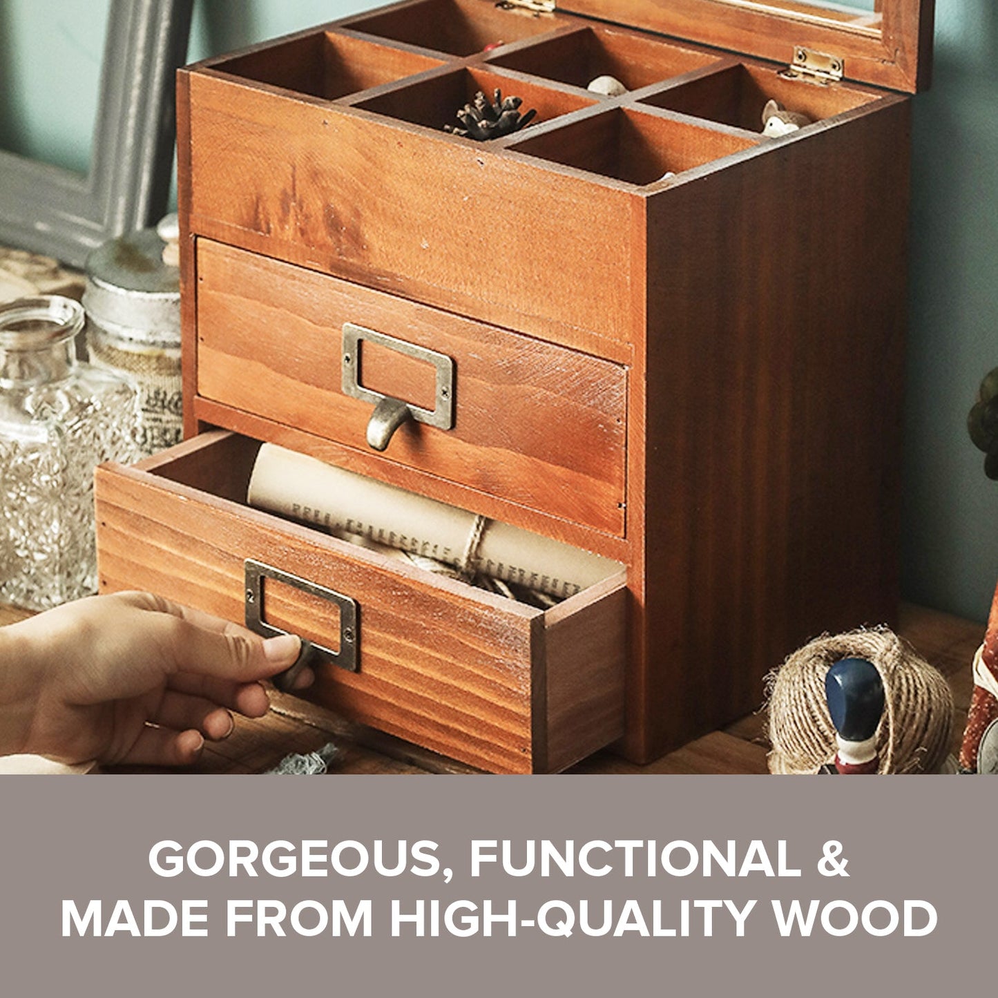 6 Slot Rustic Jewelry Organizer with Glass Top – Wooden Storage Cabinet with Drawers for Watches, Jewelry & Small Accessories