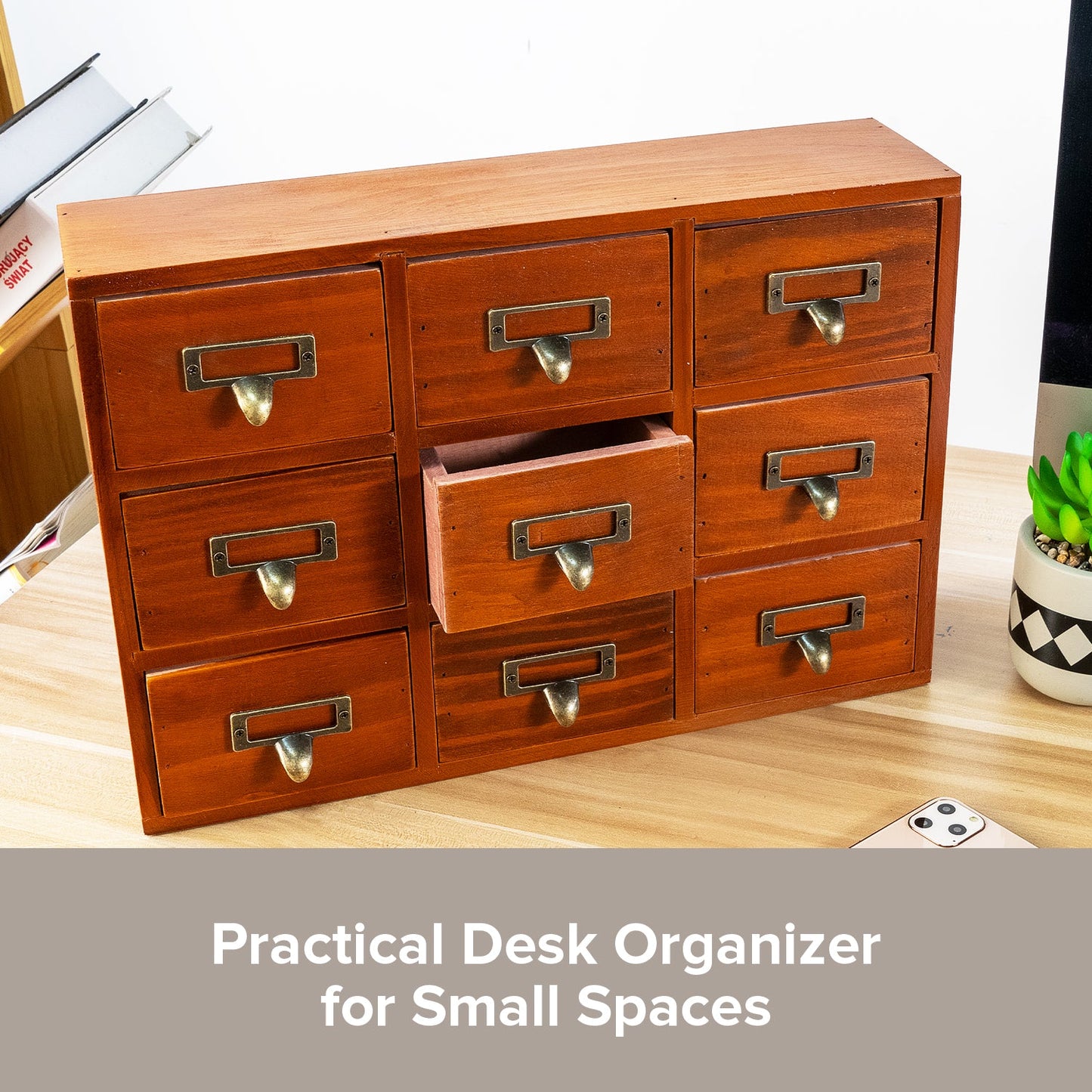 Vintage 9 Drawer Wooden Apothecary Cabinet - Small Parts Organizer with Label Holders for Desk, Vanity & Countertop Storage