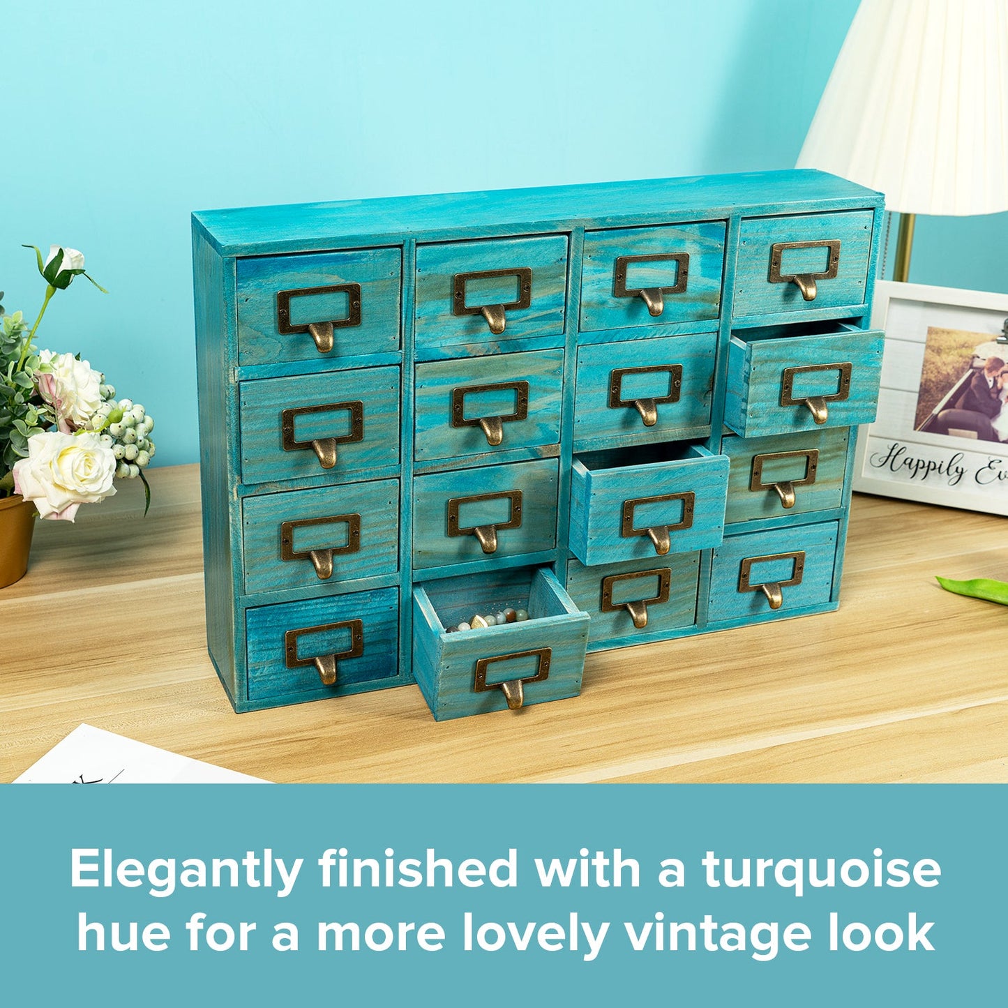 Teal Vintage 16-Drawer Apothecary Cabinet – Wooden Desktop Organizer with Label Holders for Crafts, Jewelry, Office & Collectibles