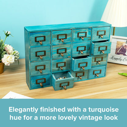 Teal Vintage 16-Drawer Apothecary Cabinet – Wooden Desktop Organizer with Label Holders for Crafts, Jewelry, Office & Collectibles