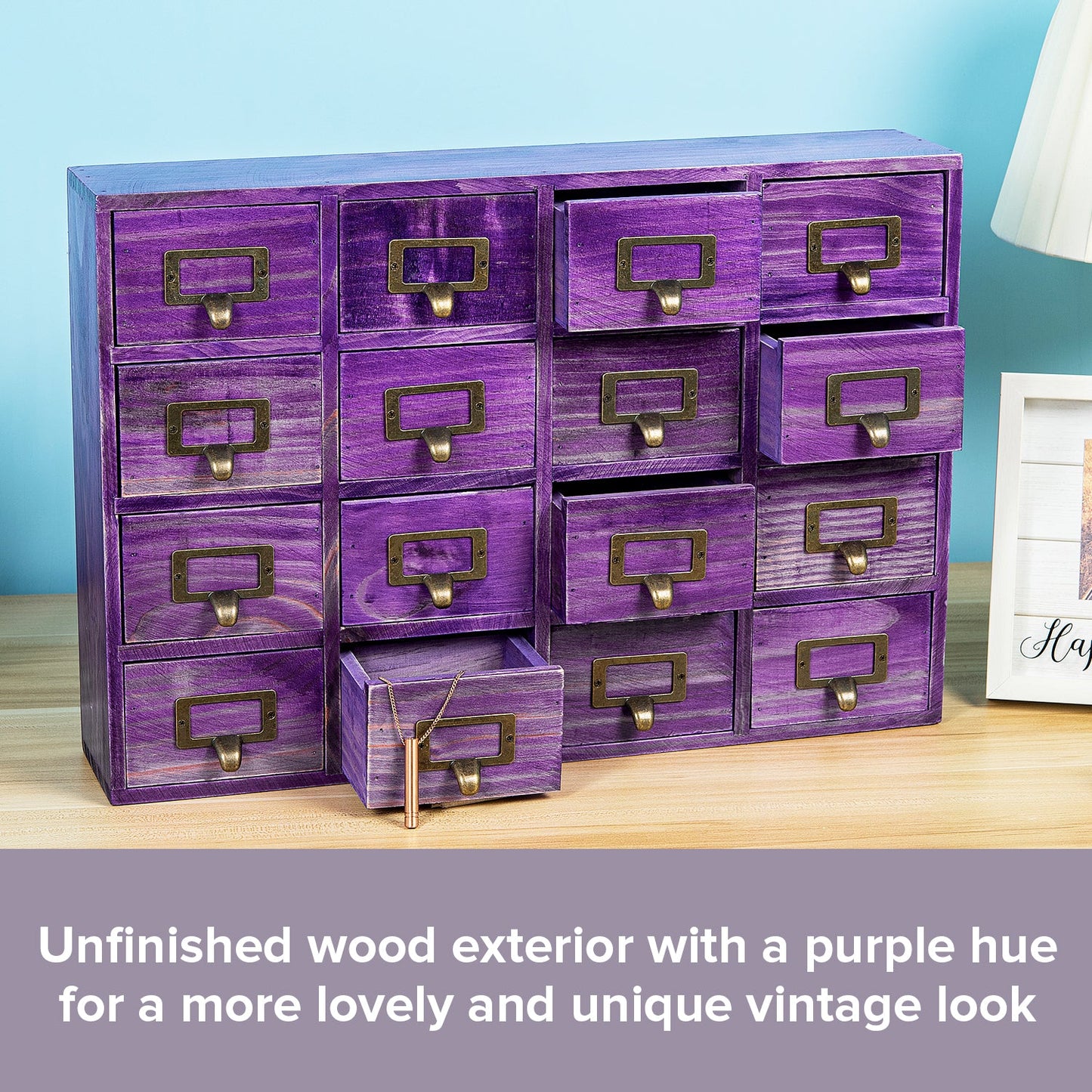 Purple 16 Drawer Apothecary Cabinet - Vintage Wooden Desktop Organizer with Label Holders for Crafts, Jewelry, Office & Small Storage