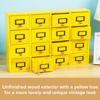 16 Drawer Wooden Apothecary Cabinet – Yellow Card Catalog Organizer with Label Holders for Crafts, Jewelry, Office Supplies & Small Parts Storage