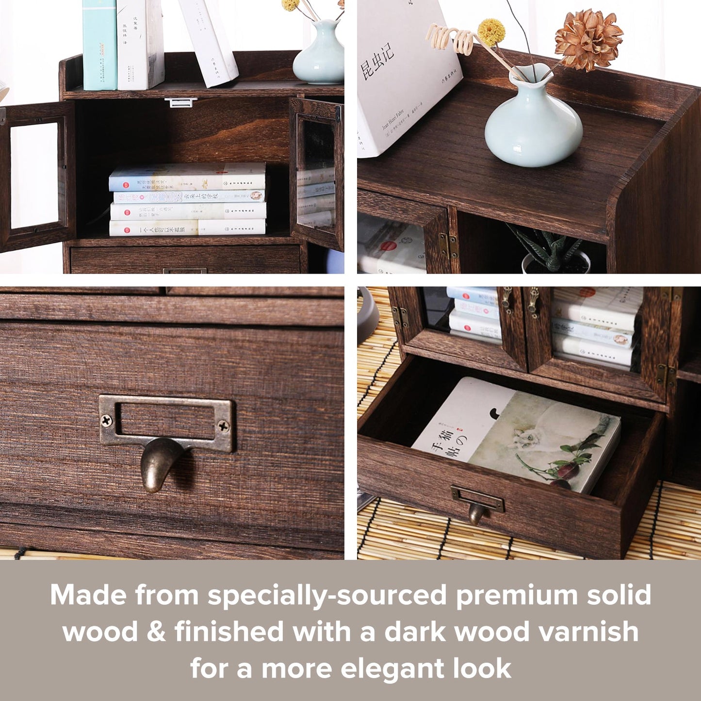 Coffee Tea Spice Station Organizer Cabinet – Rustic Wooden Kitchen Countertop Storage with Glass Doors & Drawer