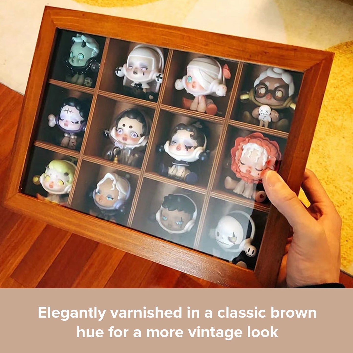 12 Cubby Wood Display Case with Glass Front - Small Collectible Organizer Shelf for Figurines, Miniatures, Desk Decor & Wall Storage