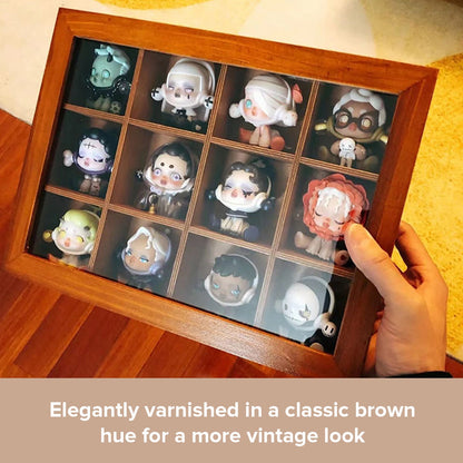 12 Cubby Wood Display Case with Glass Front - Small Collectible Organizer Shelf for Figurines, Miniatures, Desk Decor & Wall Storage