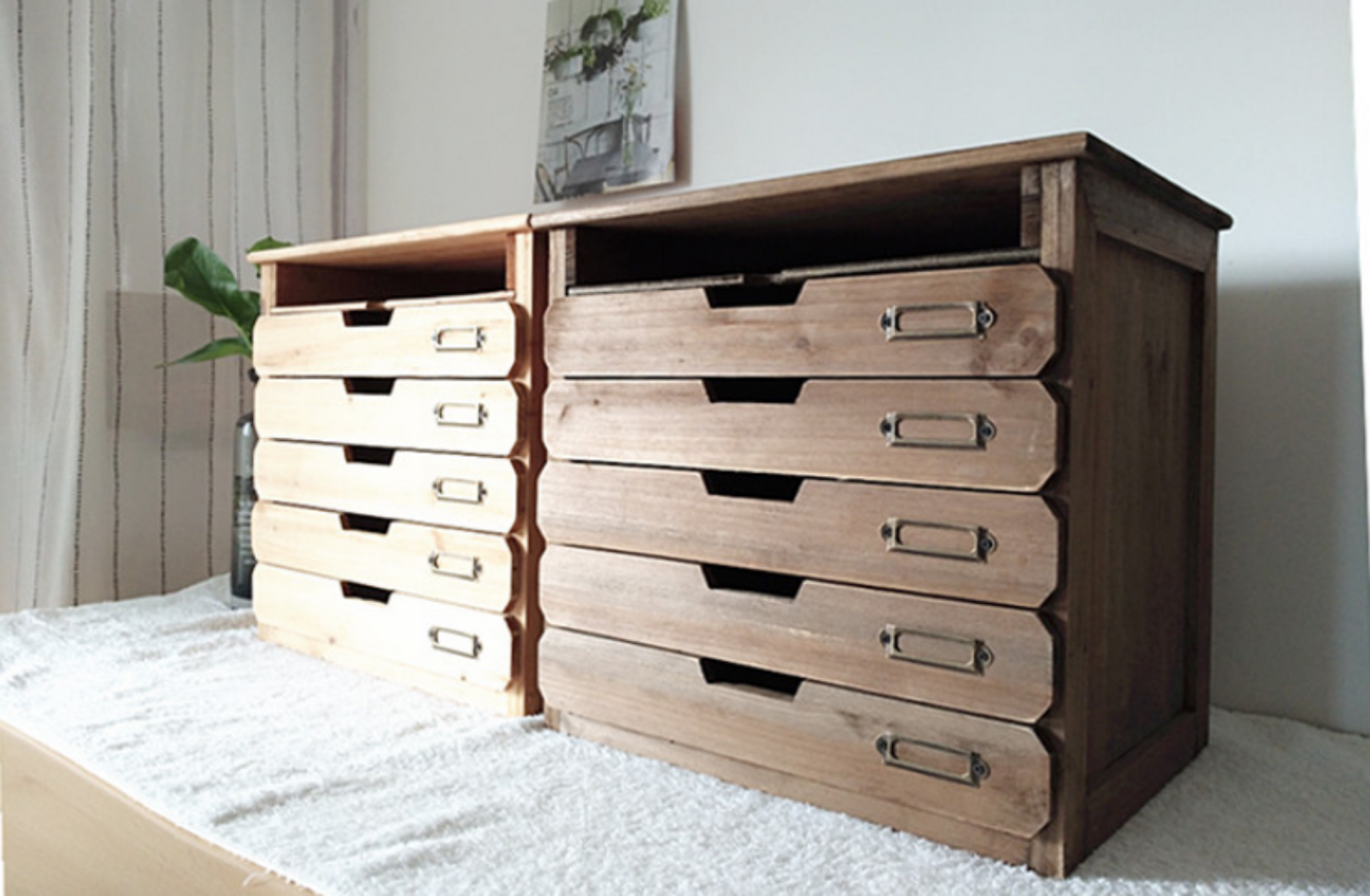 Vintage Apothecary Card Catalog Desk Organizer : 5 Drawer Wooden Storage Cabinet with Top Shelf & Metal Label Holders