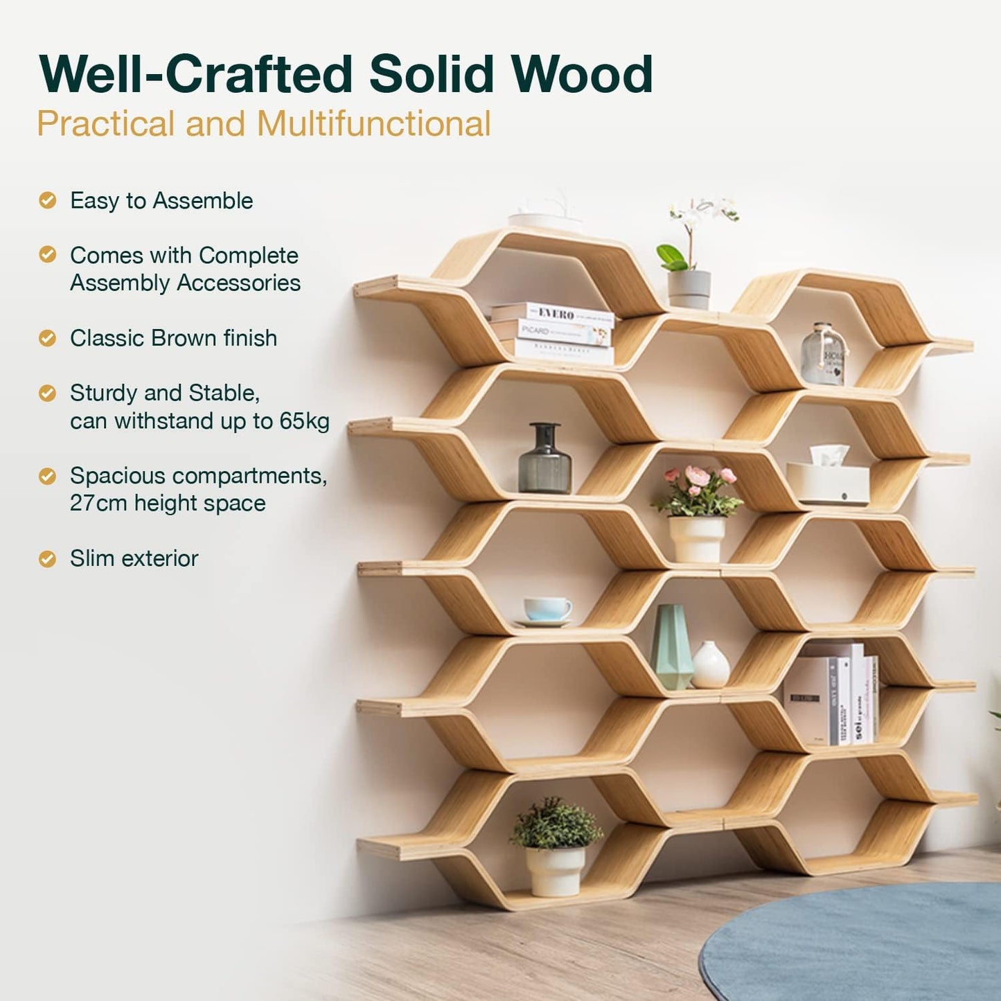 6-Level Honeycomb Hexagon Wood Shelving Unit – 5ft Tall Modern Room Divider Bookcase, DIY Solid Wood Display Shelf for Living Room, Office & Bedroom