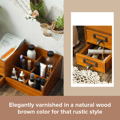 Vintage Tabletop Cosmetic Storage Tray with 7 Compartments & 2 Drawer Jewelry Organizer for Vanity, Bathroom & Dresser