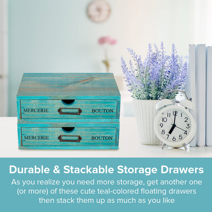 Single Teal Drawer Wooden Desk Organizer – Stackable Desktop Storage Box for Small Items & Office Supplies