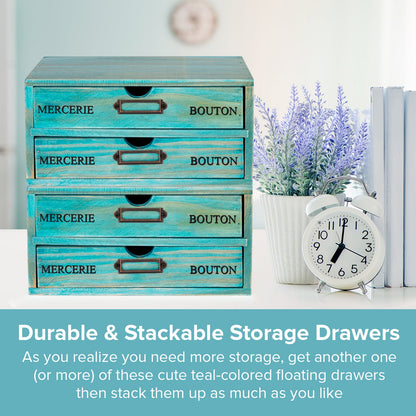 2-Drawer Teal Wooden Desk Organizer – Stackable Desktop Storage Box for Office Supplies, Crafts & Home Organization