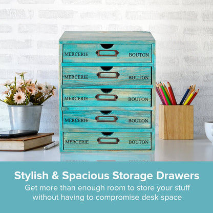 5 Drawer Wooden Desktop Organizer Cabinet – Vintage Teal Apothecary Storage with Label Holders for Office, Crafts & Jewelry