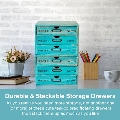 3-Vintage Teal Drawer Wooden Desk Organizer for Office Supplies, Crafts & Home Organization