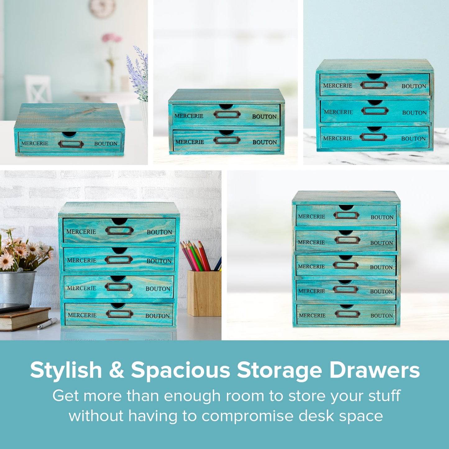 5-Piece Teal Stackable Wooden Drawer Organizer Set – Complete Desktop Storage System for Crafts, Office Supplies & Home Organization