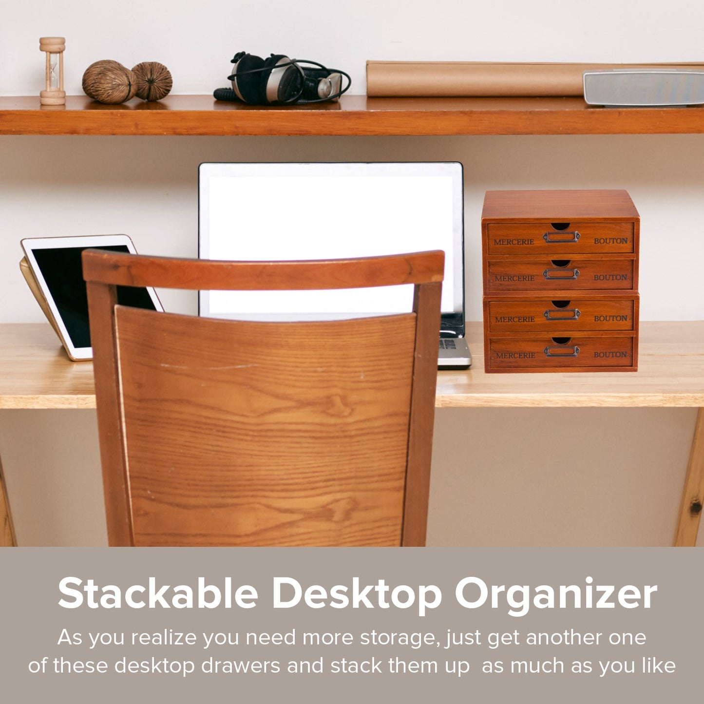Stackable 2-Drawer Vintage Wood Organizer – Compact Desktop Storage Box with Label Holders for Home, Office & Countertop Use