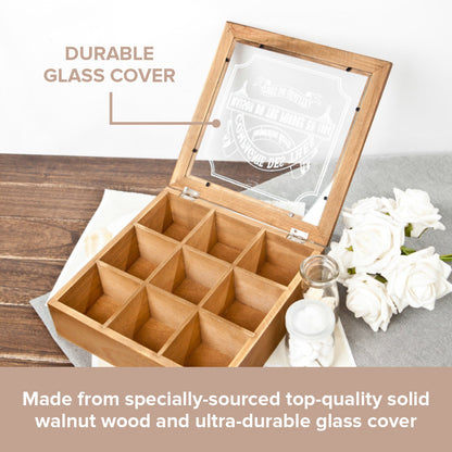 9 Slot Wooden Display Box with Glass Lid – Square Organizer Case with Dividers for Jewelry, Crafts, Collectibles & Countertop Storage