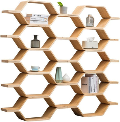 6-Level Honeycomb Hexagon Wood Shelving Unit – 5ft Tall Modern Room Divider Bookcase, DIY Solid Wood Display Shelf for Living Room, Office & Bedroom