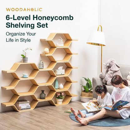 6-Level Honeycomb Hexagon Wood Shelving Unit – 5ft Tall Modern Room Divider Bookcase, DIY Solid Wood Display Shelf for Living Room, Office & Bedroom