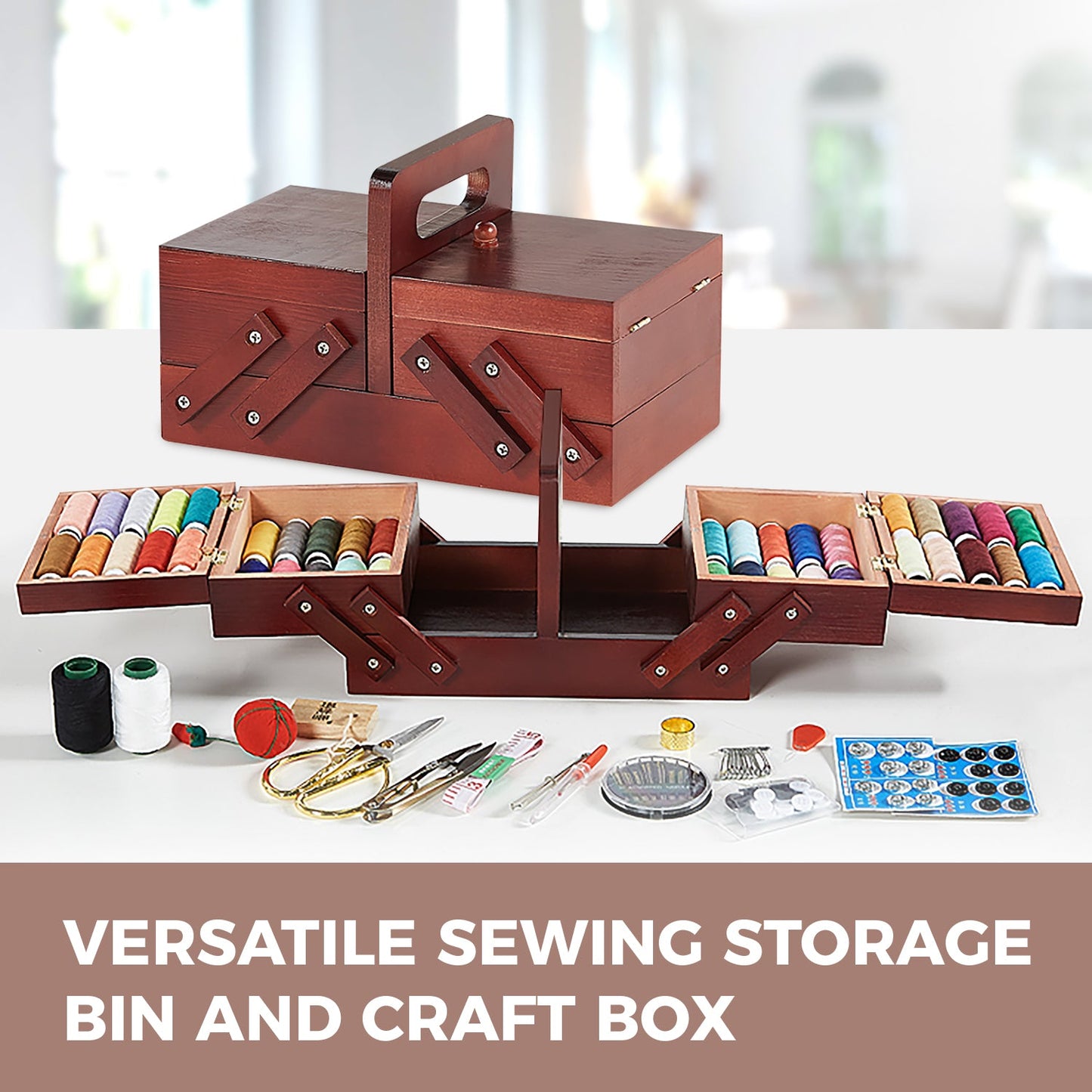 Foldable Expandable Sewing Thread Parts Craft Organizer Solid Wood Expands For Easy Storage