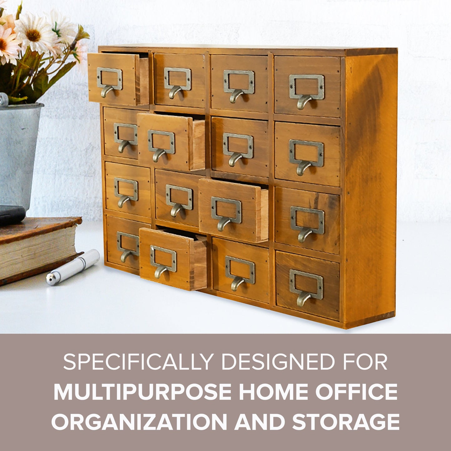 Vintage Wooden Apothecary Cabinet & Card Catalog Organizer – 16 Drawer Desktop Storage for Crafts, Jewelry & Collectibles