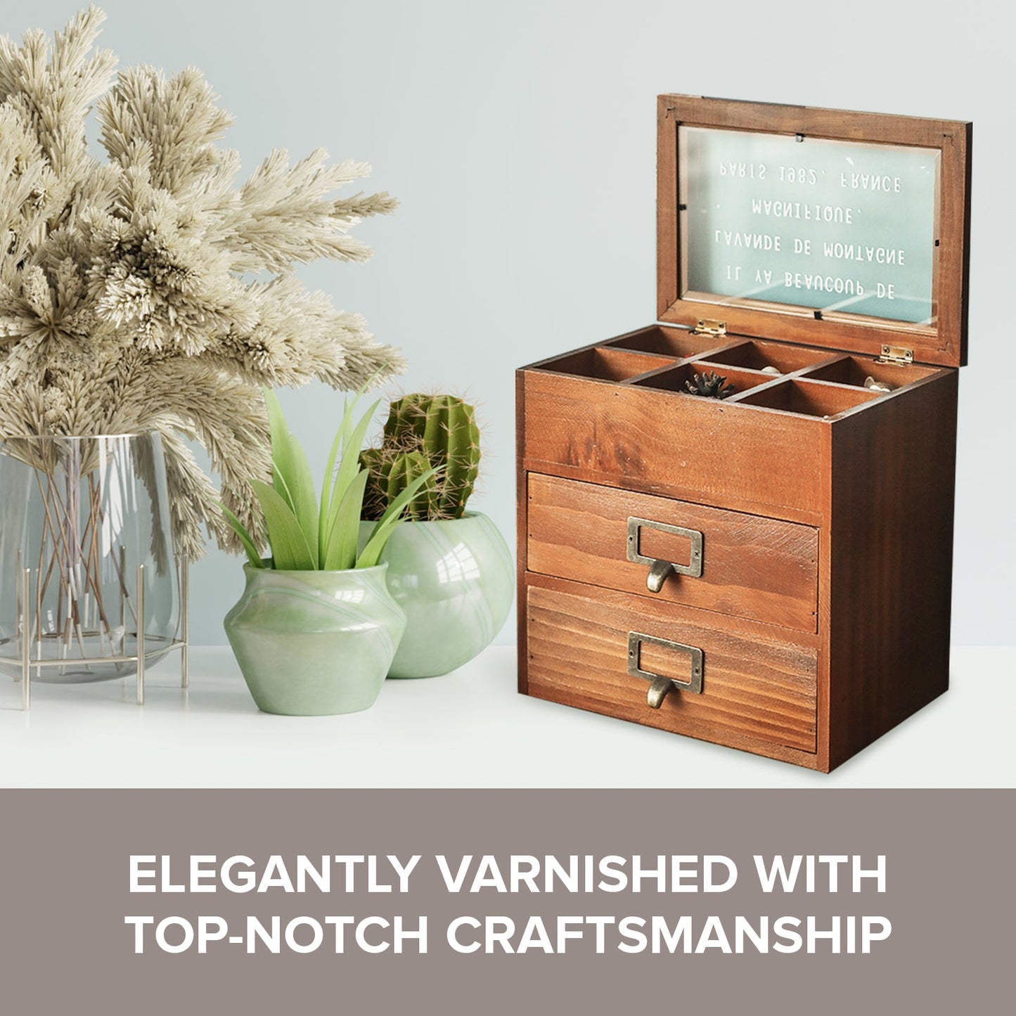 6 Slot Rustic Jewelry Organizer with Glass Top – Wooden Storage Cabinet with Drawers for Watches, Jewelry & Small Accessories