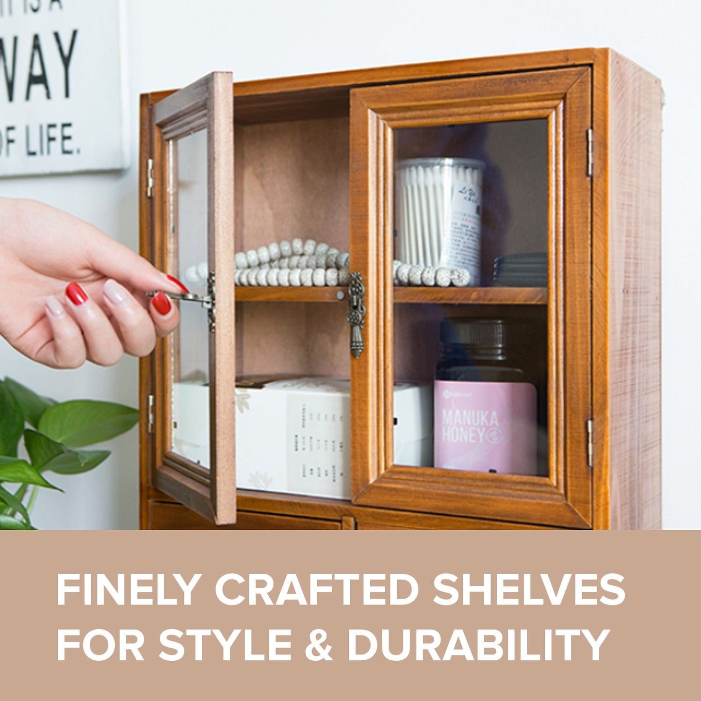 Wall-Mount Glass Door Wooden Storage Cabinet with Drawers – Vintage Display & Organizer Shelf