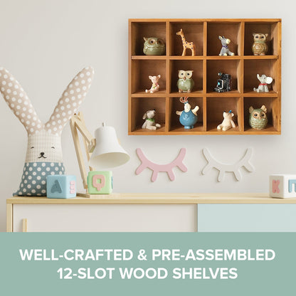 12 Slot Wooden Cubby Display Shelf - Wall Mount or Tabletop Organizer for Collectibles, Mini Decor & Small Item Storage