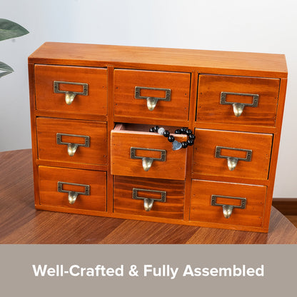 Vintage 9 Drawer Wooden Apothecary Cabinet - Small Parts Organizer with Label Holders for Desk, Vanity & Countertop Storage