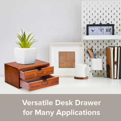 Stackable 2-Drawer Vintage Wood Organizer – Compact Desktop Storage Box with Label Holders for Home, Office & Countertop Use