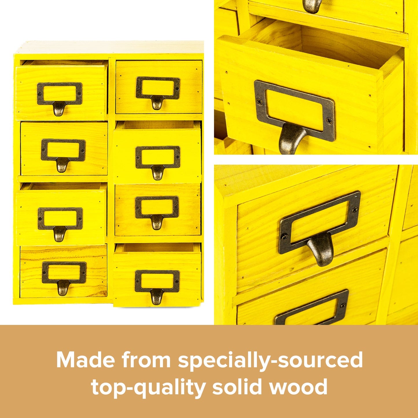 16 Drawer Wooden Apothecary Cabinet – Yellow Card Catalog Organizer with Label Holders for Crafts, Jewelry, Office Supplies & Small Parts Storage
