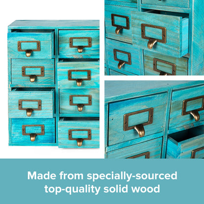 Teal Vintage 16-Drawer Apothecary Cabinet – Wooden Desktop Organizer with Label Holders for Crafts, Jewelry, Office & Collectibles