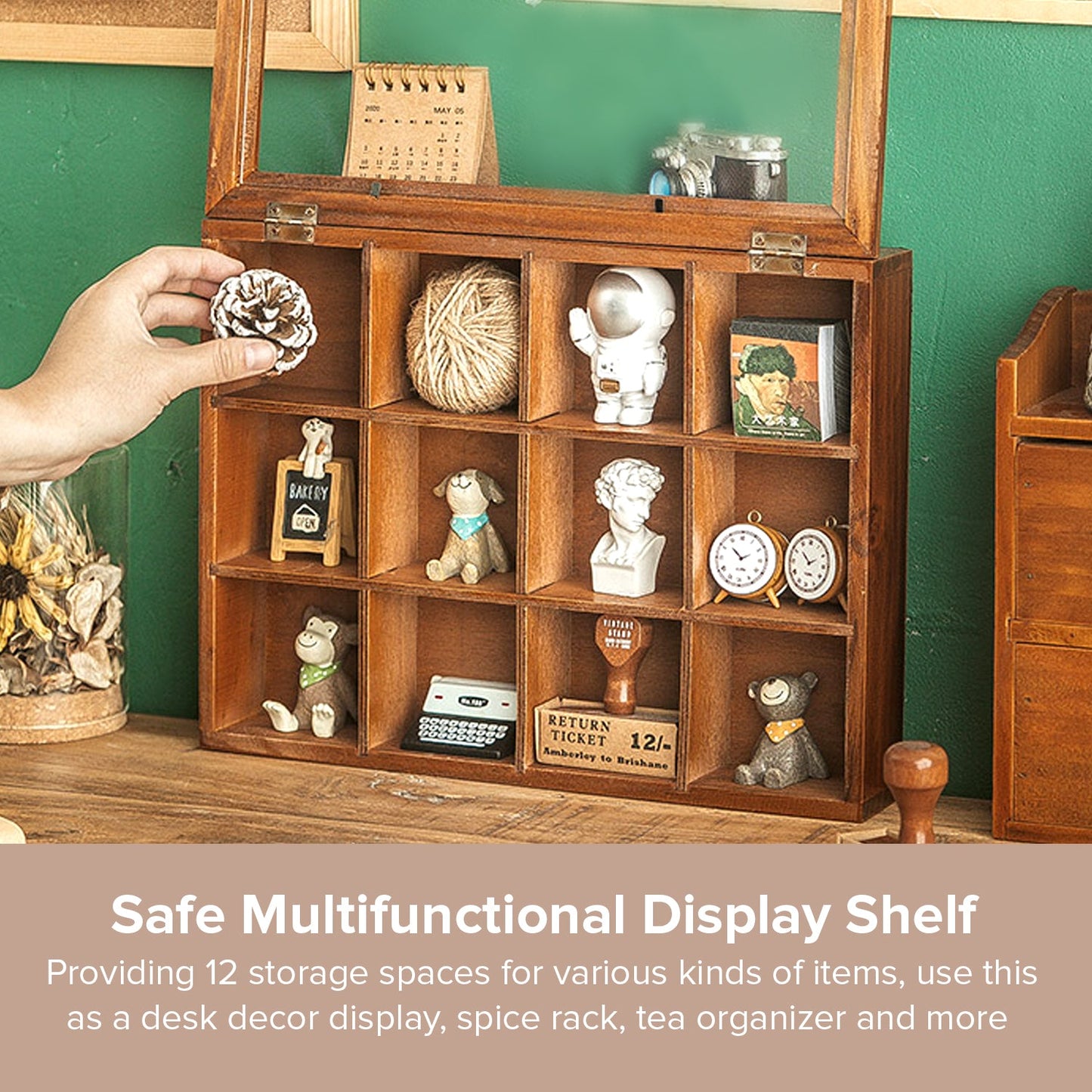 12 Cubby Wood Display Case with Glass Front - Small Collectible Organizer Shelf for Figurines, Miniatures, Desk Decor & Wall Storage