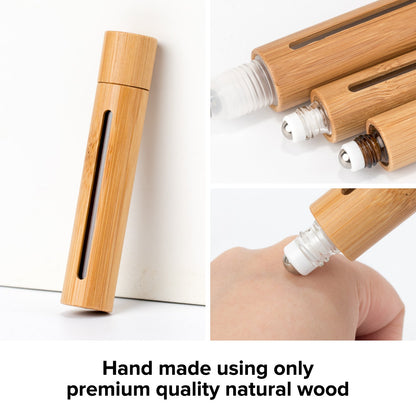 Bamboo Travel Roll-On Bottles – Refillable Glass Perfume & Essential Oil Roller Set (Leakproof, Compact, Natural Bamboo Case, 3 Pack)