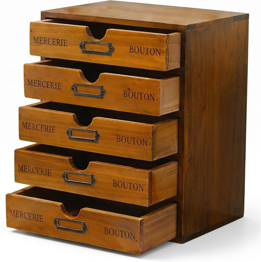 Stackable Vintage Wooden Drawer Organizer : 5 Drawer Desktop Storage Cabinet for Crafts, Stationery, Jewelry & Office Supplies