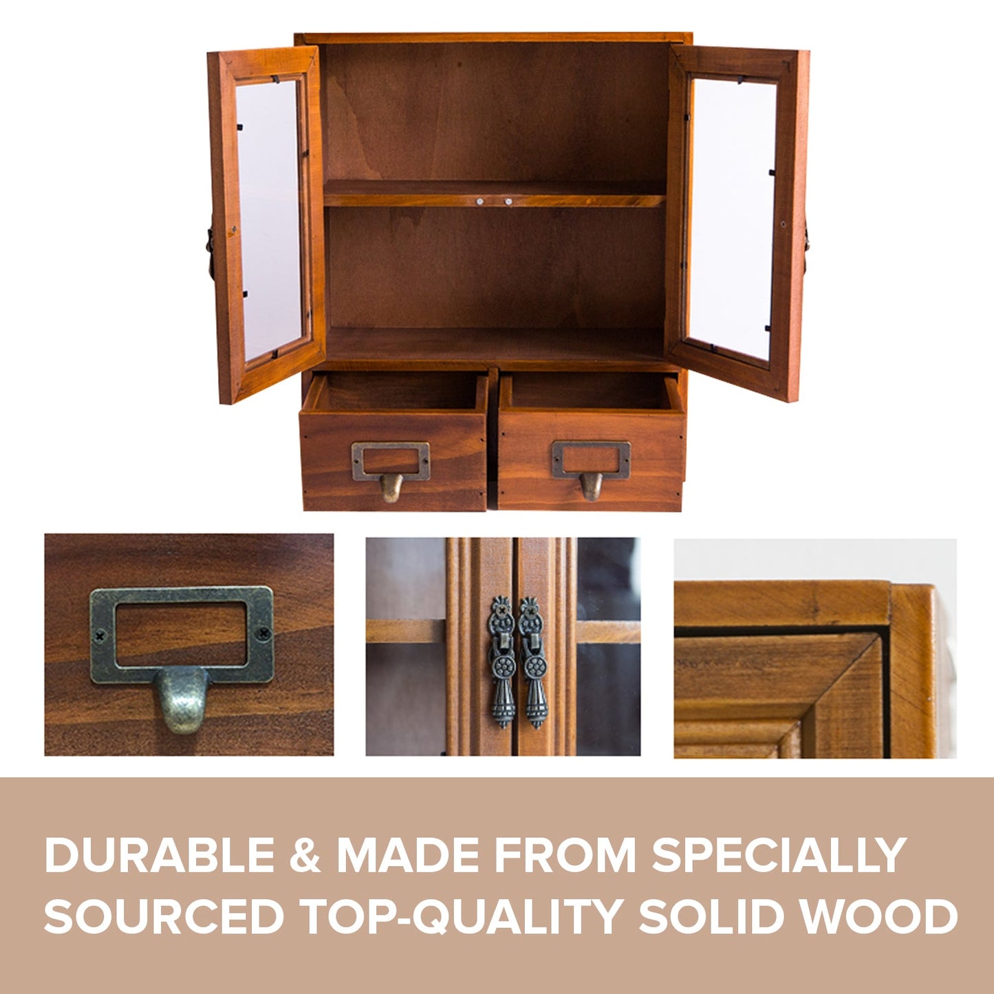 Wall-Mount Glass Door Wooden Storage Cabinet with Drawers – Vintage Display & Organizer Shelf