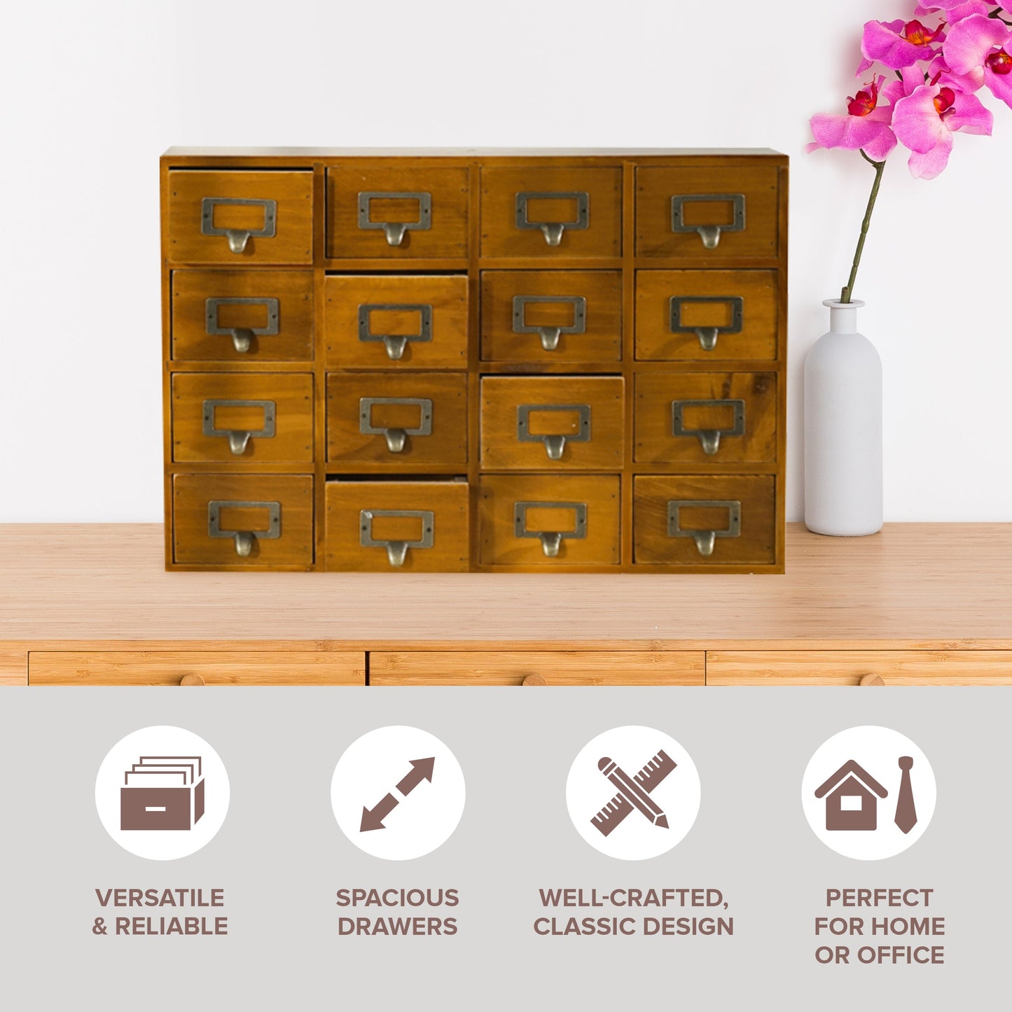 Vintage Wooden Apothecary Cabinet & Card Catalog Organizer – 16 Drawer Desktop Storage for Crafts, Jewelry & Collectibles