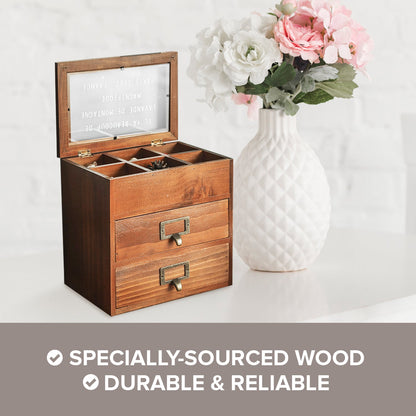 6 Slot Rustic Jewelry Organizer with Glass Top – Wooden Storage Cabinet with Drawers for Watches, Jewelry & Small Accessories