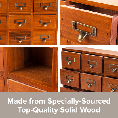 Vintage 9 Drawer Wooden Apothecary Cabinet - Small Parts Organizer with Label Holders for Desk, Vanity & Countertop Storage