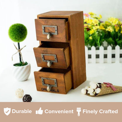 3 Drawer Wooden Desktop Organizer - Mini Multi-Level Storage Cabinet with Label Holders for Small items