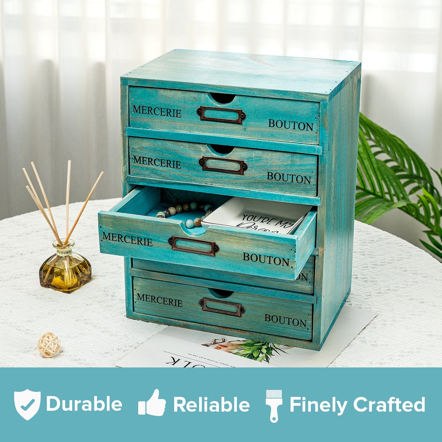 5 Drawer Wooden Desktop Organizer Cabinet – Vintage Teal Apothecary Storage with Label Holders for Office, Crafts & Jewelry