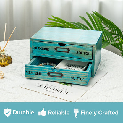 2-Drawer Teal Wooden Desk Organizer – Stackable Desktop Storage Box for Office Supplies, Crafts & Home Organization