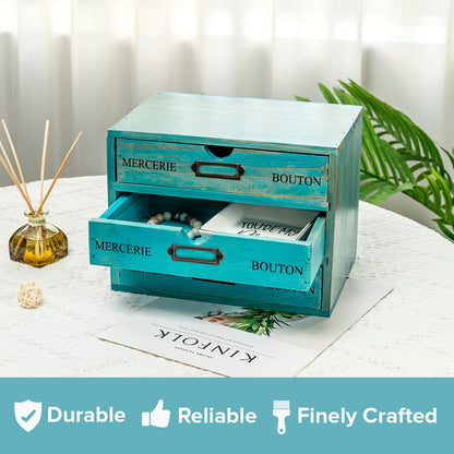 3-Vintage Teal Drawer Wooden Desk Organizer for Office Supplies, Crafts & Home Organization