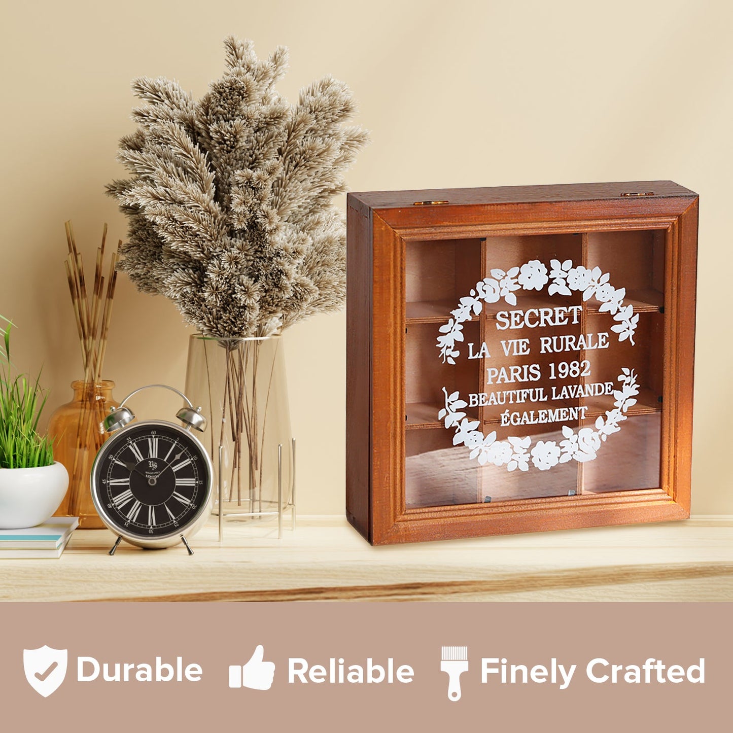 9 Slot Wooden Display Box with Glass Lid – Square Organizer Case with Dividers for Jewelry, Crafts, Collectibles & Countertop Storage