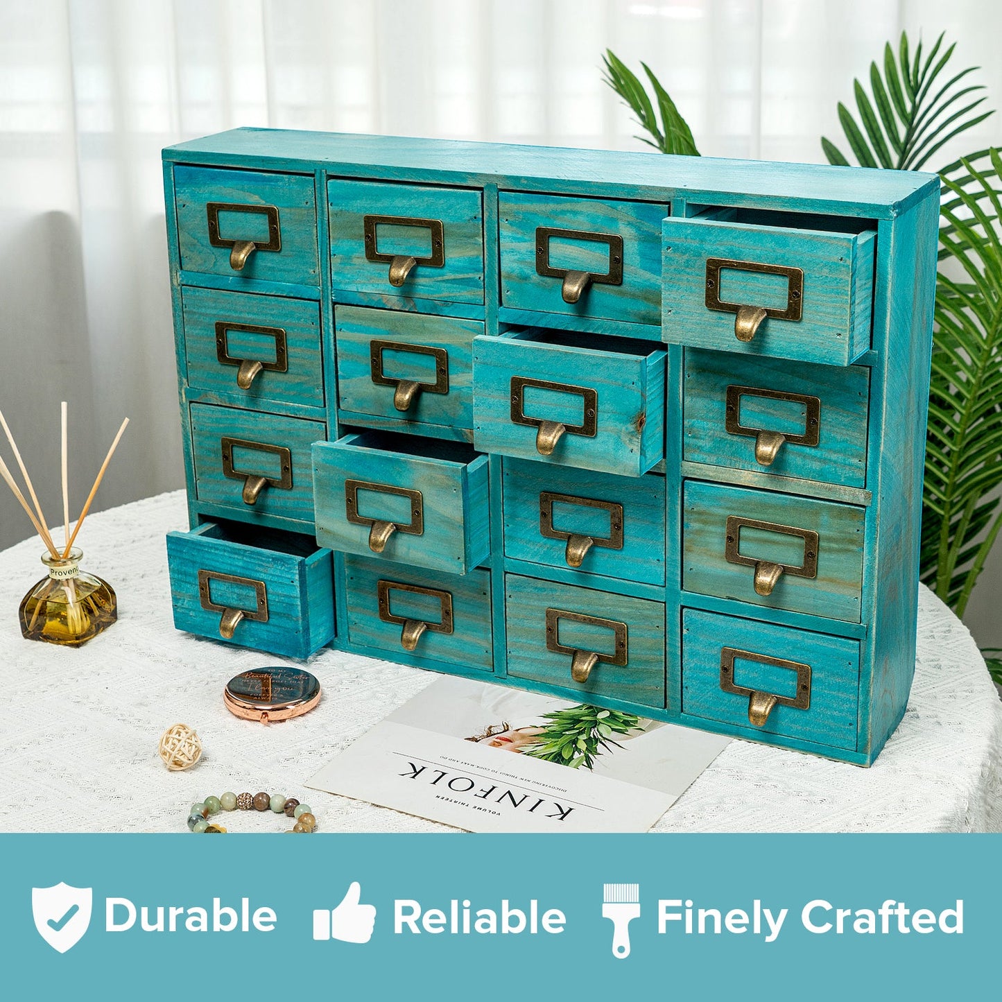 Teal Vintage 16-Drawer Apothecary Cabinet – Wooden Desktop Organizer with Label Holders for Crafts, Jewelry, Office & Collectibles
