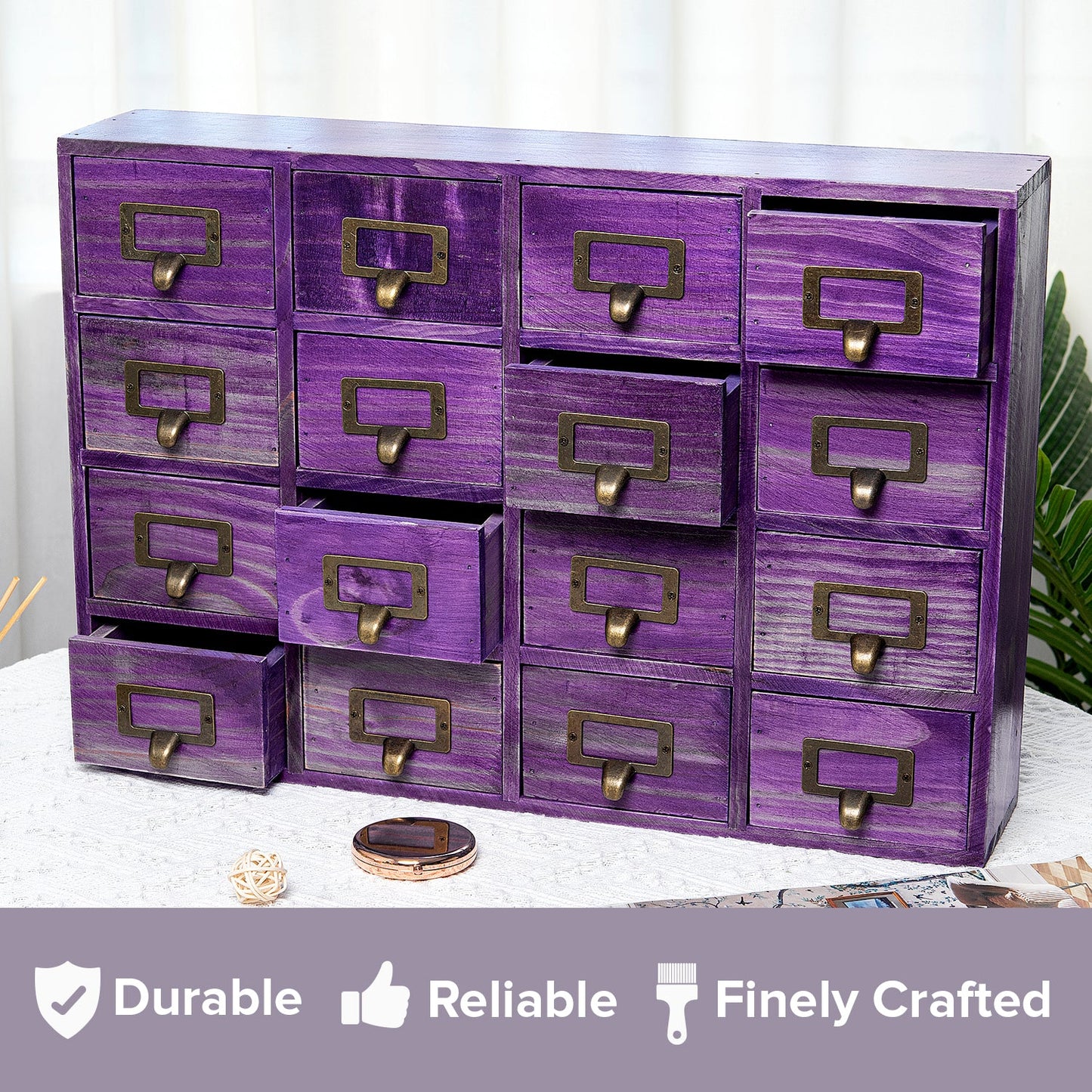 Purple 16 Drawer Apothecary Cabinet - Vintage Wooden Desktop Organizer with Label Holders for Crafts, Jewelry, Office & Small Storage