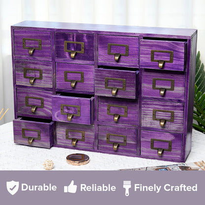 Purple 16 Drawer Apothecary Cabinet - Vintage Wooden Desktop Organizer with Label Holders for Crafts, Jewelry, Office & Small Storage