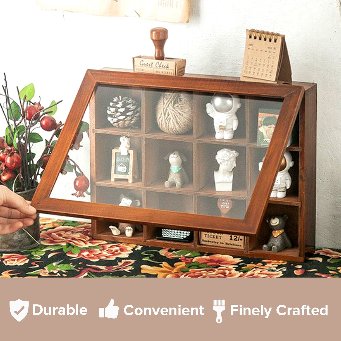 12 Cubby Wood Display Case with Glass Front - Small Collectible Organizer Shelf for Figurines, Miniatures, Desk Decor & Wall Storage