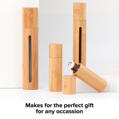 Bamboo Travel Roll-On Bottles – Refillable Glass Perfume & Essential Oil Roller Set (Leakproof, Compact, Natural Bamboo Case, 3 Pack)
