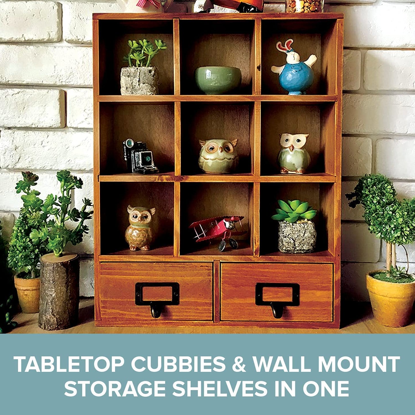 Wall Mount Wooden Cubby Shelf with Drawers – Rustic Display Organizer for Storage & Decor